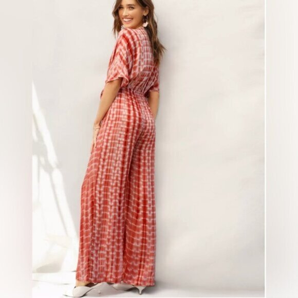 Plunging Neck Knot Front Tie Dye Palazzo Jumpsuit - Picture 4 of 6